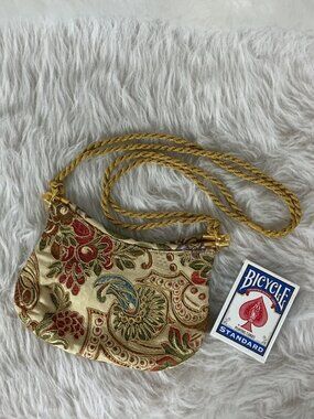 Vintage 80s Rodo Gold Metallic Embroidered Floral Beige Brocade Evening Bag